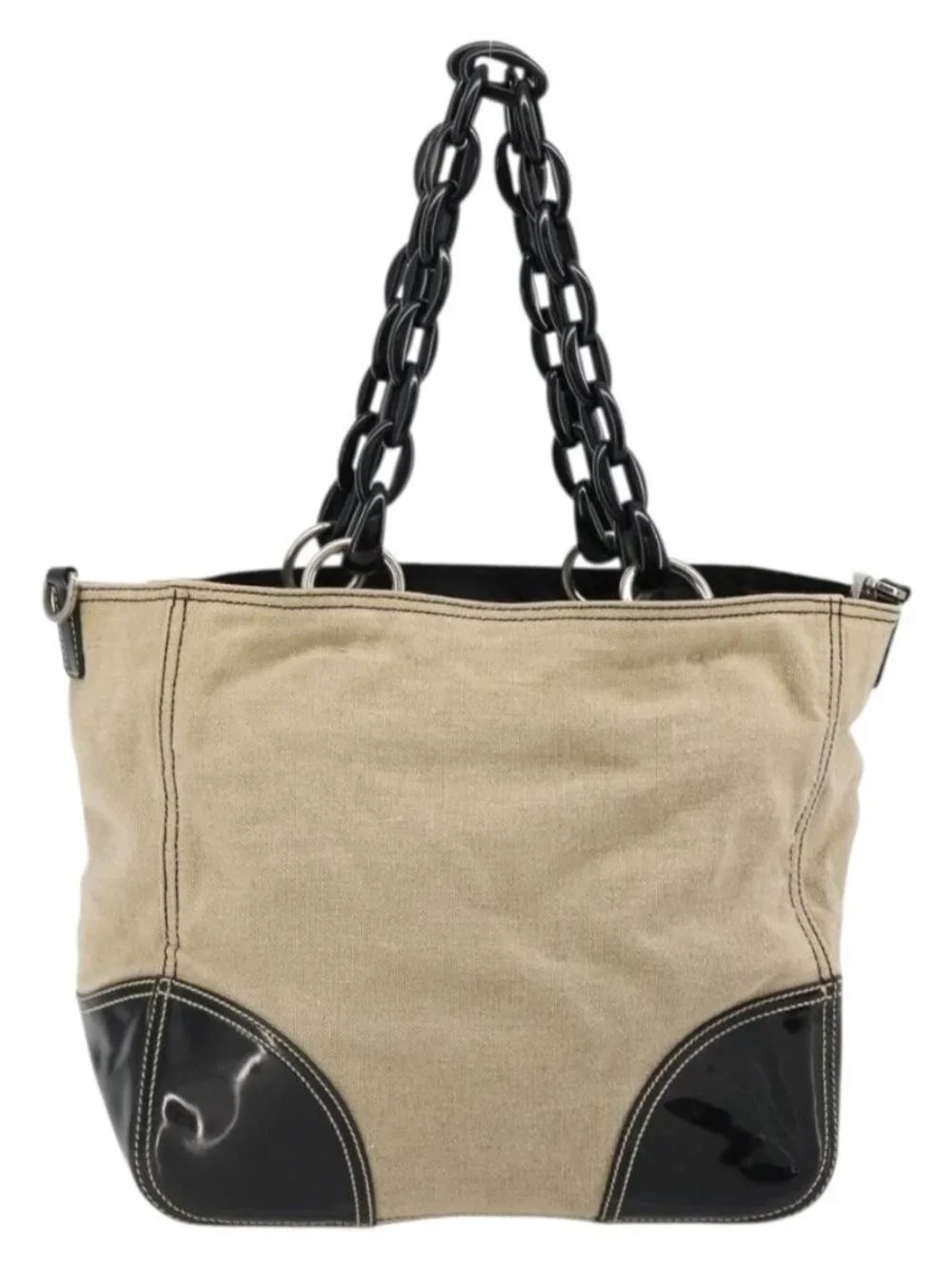 PRADA Plastic Chain Tote Bag Canvas Beige Silver Auth